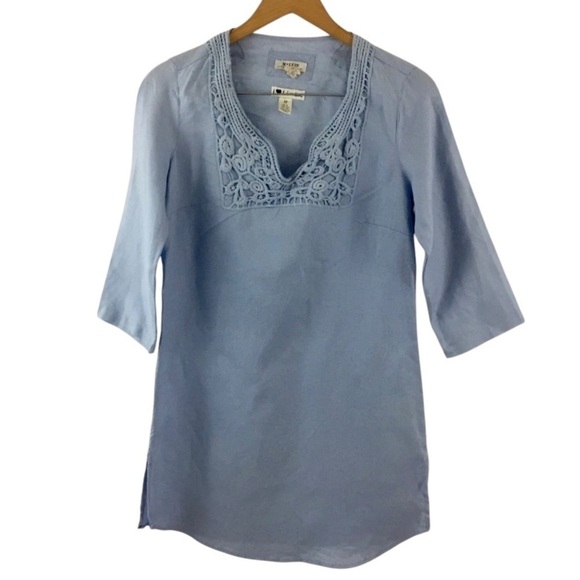 Malvin 100% Linen 3/4 Sleeves Tunic Top Sz M Blue Embroidered Minimalist - Picture 1 of 8